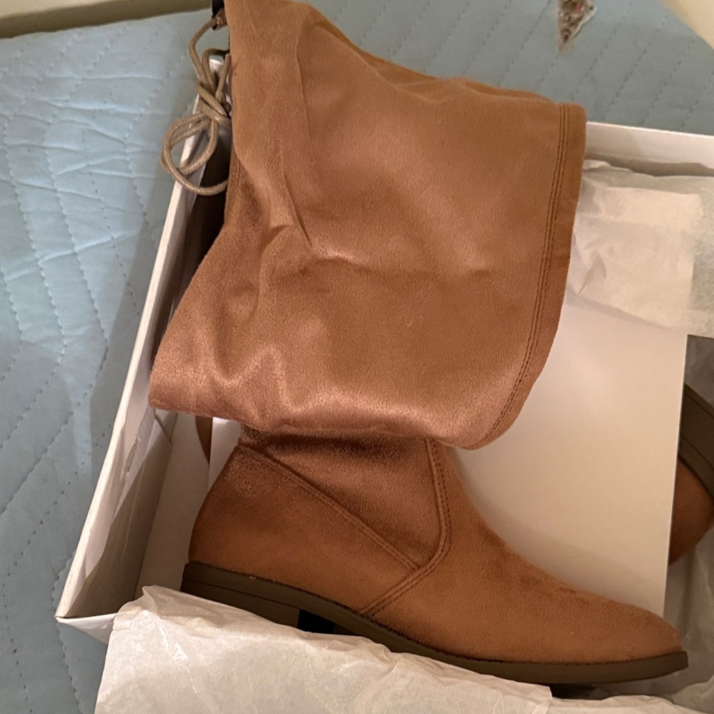 VENUS Women's Slouchy Mid-Calf Suede Boots in Tan